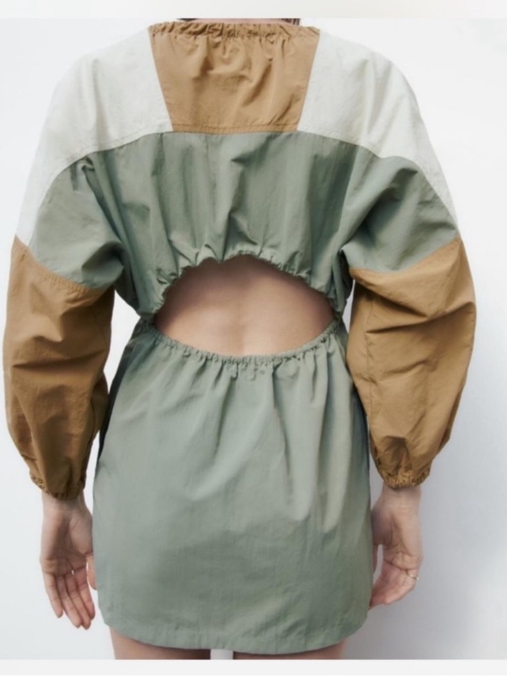 Zara Cutout Colorblock Mini Dress in Sage, Tan & White
